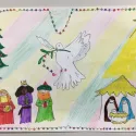 A colourful drawing of a Christmas tree, the 3 Magi, a white dove and Joseph, Mary and the baby Jesus under a yellow star
