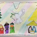 A colourful drawing of a Christmas tree, the 3 Magi, a white dove and Joseph, Mary and the baby Jesus under a yellow star