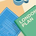 Illustrated overhead view of a table with a copy of the London plan, a building blueprint and coffee mug on top