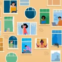Colourfully illustrated side of apartment building showing different residents looking out of their varying sized windows