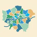 Illustrated map of greater London showing the London boroughs shaded in different colours