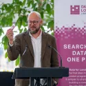 Theo Blackwell MBE speaking on a stage at the Data for London library launch event