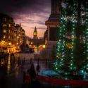 Trafalgar Square in twilight with Christmas tree