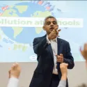 Mayor of London Sadiq Khan presenting to school children