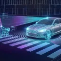 Person crossing the road in front of a car with APV
