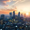 City of London with abstract matrix connections AI