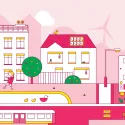 Illustration of a greener London, pink colour
