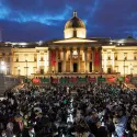 People celebrating at Trafalgar Square