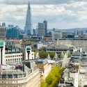 Day time birds eye view of London over the South bank and Royal Festival Hall