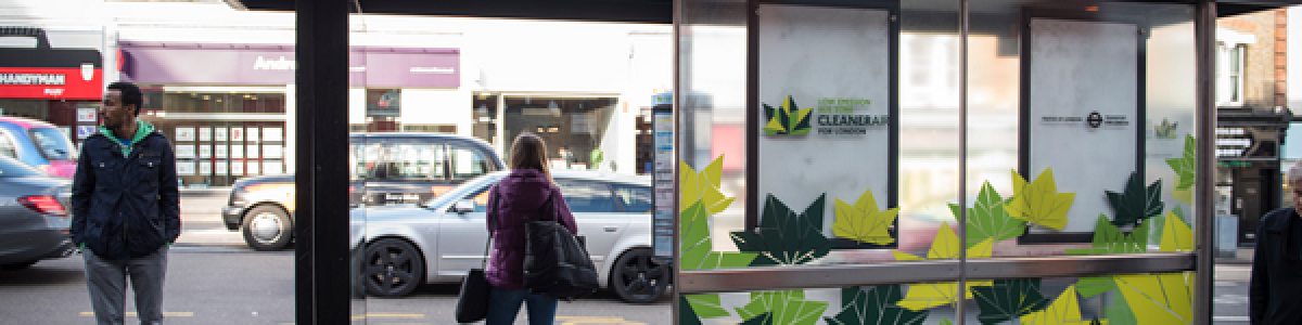 Bus stop with the Clean Air stickers