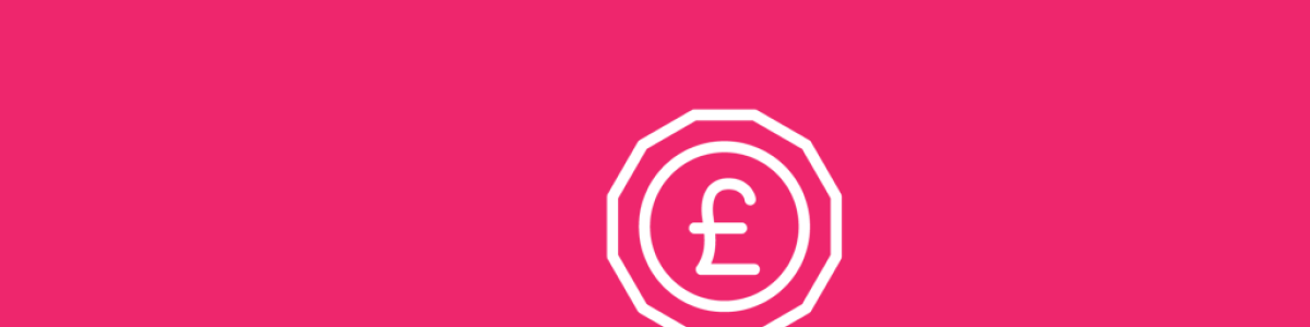 A white icon of a hand with a pound coin against a pink background