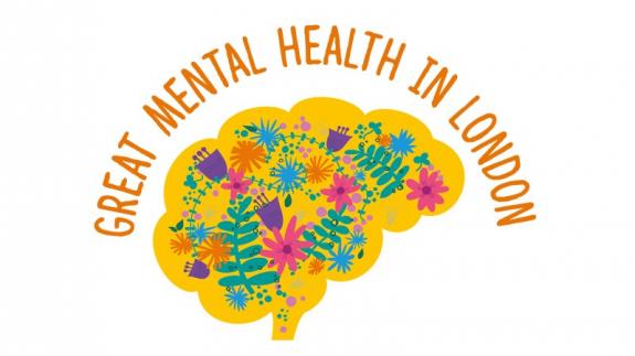 A drawing of a brain with lots of colourful flowers to mark Great Mental Health Day in London