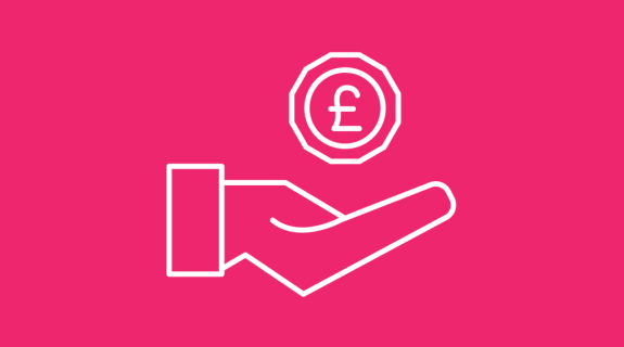 A white icon of a hand with a pound coin against a pink background