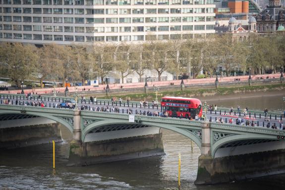 A red bus on Westminster Bridge