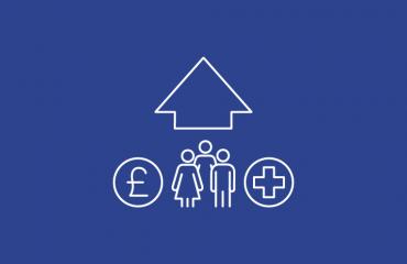 Icon of a pound coin and people on a blue background