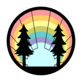 Woodcraft logo- trees and a rainbow behind the trees 